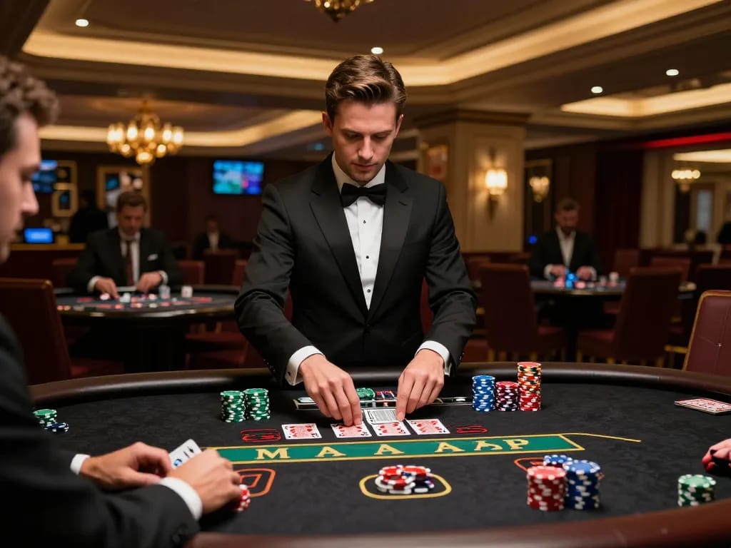 Skilled player at trang chủ 789win blackjack table, showcasing dynamic gameplay and vibrant casino atmosphere.