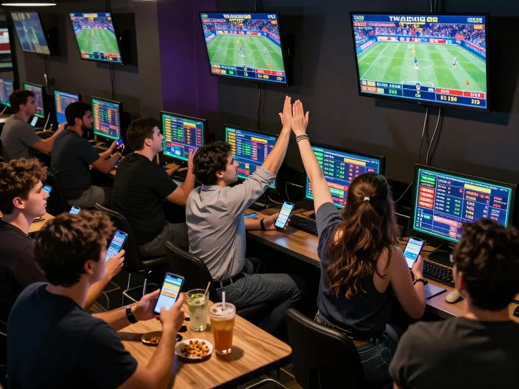 Betters analyzing odds at a sports bar, showcasing Da88 betting excitement.