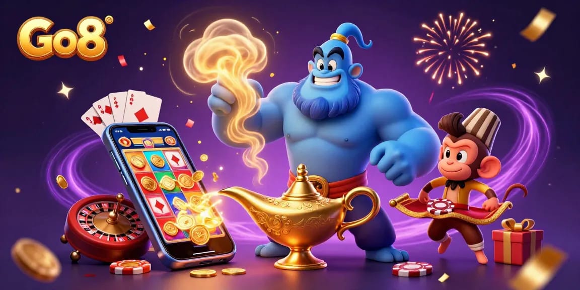 Experience thrilling gameplay at Go8 with a lively 3D illustration of a genie, poker chips, and celebratory elements.