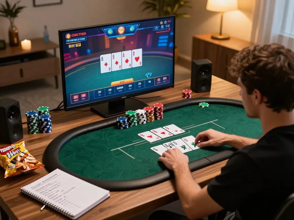 Player strategizing in an online poker game on DA88, with chips and cards in action, inviting home setting.