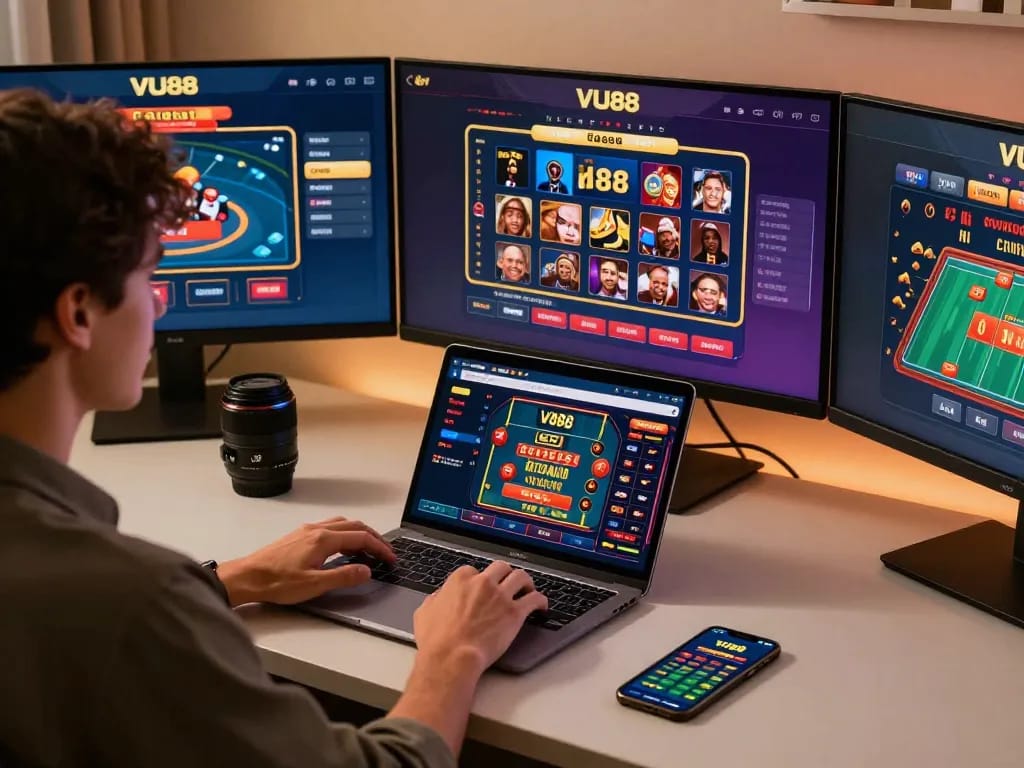 Engaged player using the VU88 online casino platform at a modern workspace to place bets.