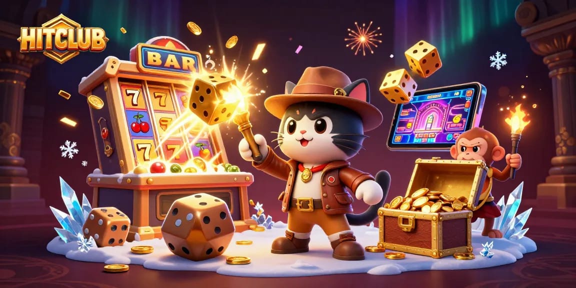 HITCLUB showcases a vibrant scene with an archaeologist cat discovering treasures in a golden casino.