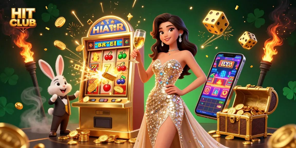 Experience the excitement of HIT CLUB with a glamorous casino scene featuring a 3D woman toasting beside a jackpot.