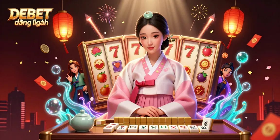 Engage in a thrilling experience with DEBET đăng nhập featuring dynamic slot elements and a serene Asian woman.