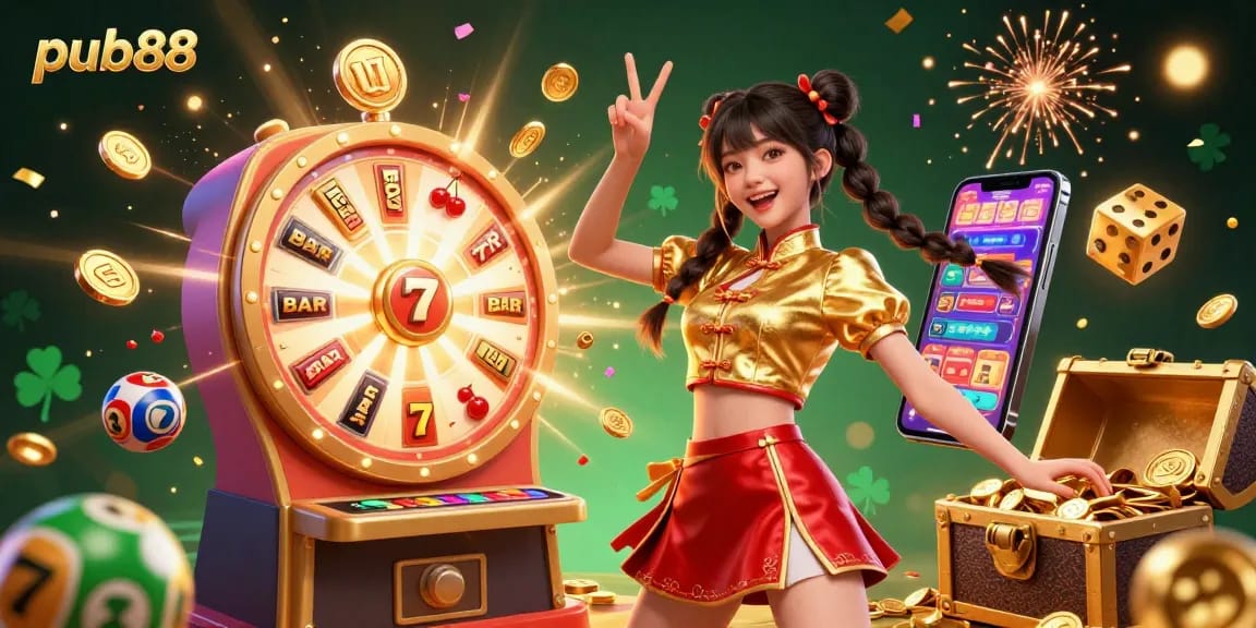 Play thrilling games at pub88 with vibrant visuals, featuring a joyful character and exciting casino elements.