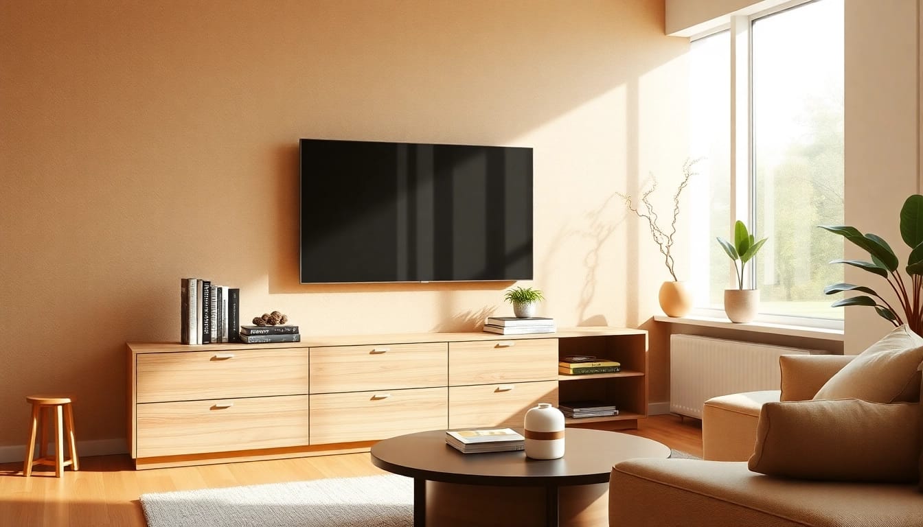 Showcase a stylish cabinet tv cabinet in a cozy living room with warm lighting and natural decor.