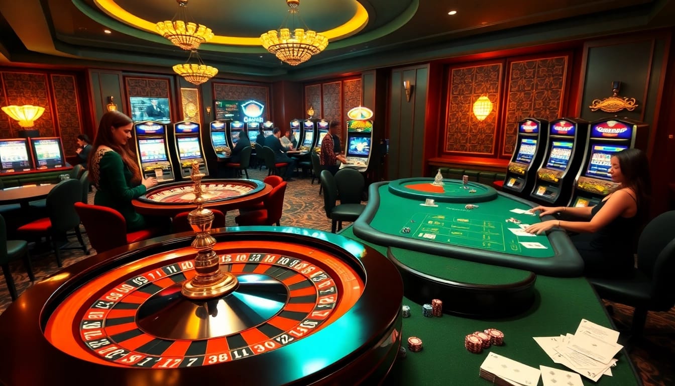 Excited gamblers at a luxury casino with roulette and poker tables celebrating wins at https://cm88.bio/ events.