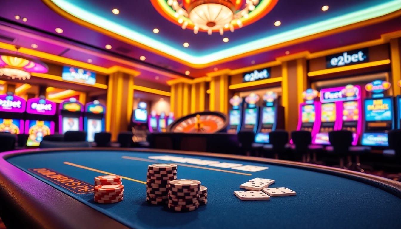 Experience the thrill of e2bet with a luxurious casino atmosphere featuring poker and slot machines.