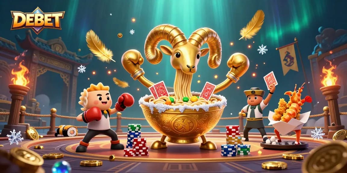 Win big with DEBET in this vibrant casino-themed 3D illustration featuring fun characters!