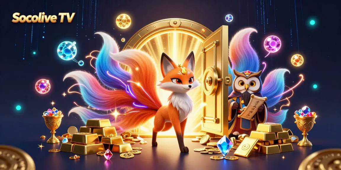 Socolive TV showcases colorful nine-tailed fox spirit with treasure and gems, creating an exciting gambling ambiance.