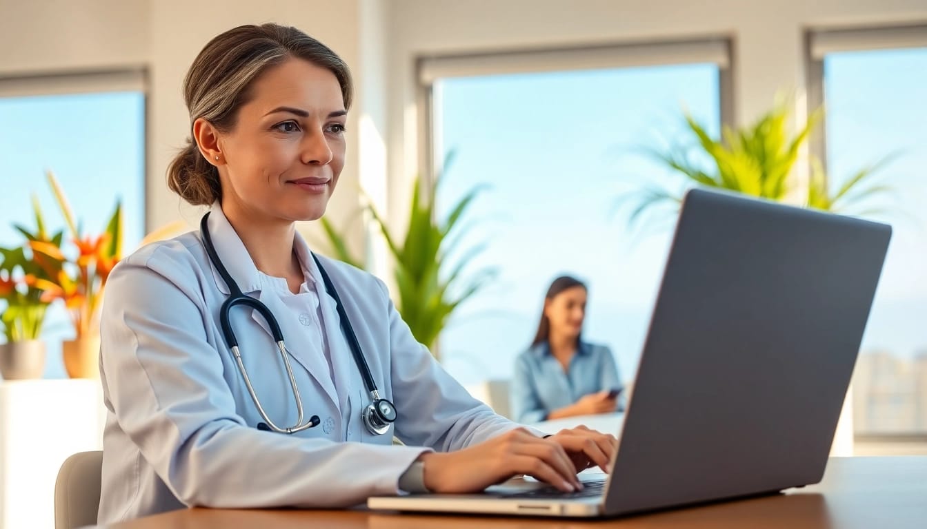 Fast telehealth consultation online with a healthcare provider engaging via laptop in a bright office.