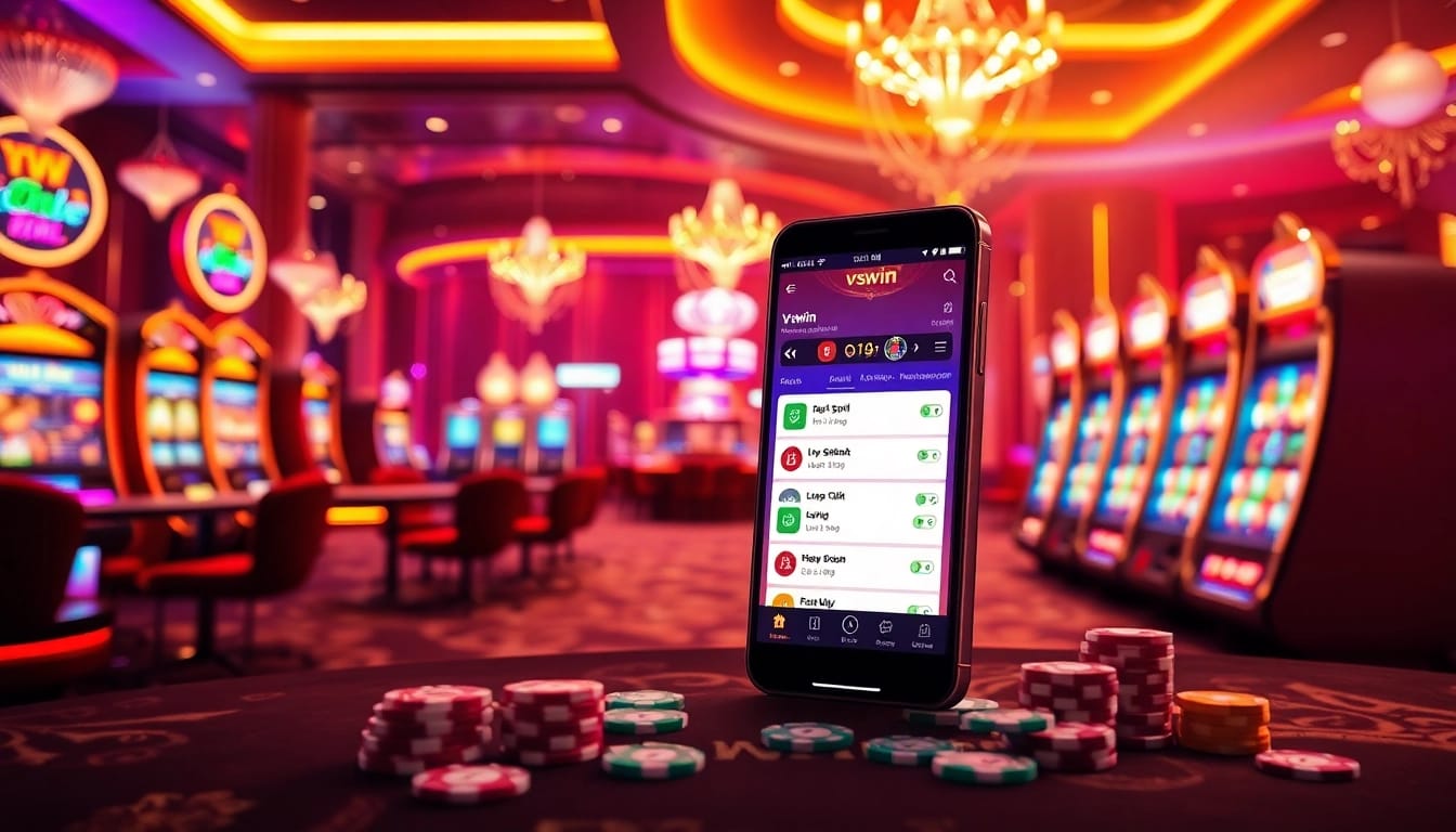 Exciting scene featuring the vswin app on a smartphone amidst vibrant casino atmosphere with colorful poker chips.