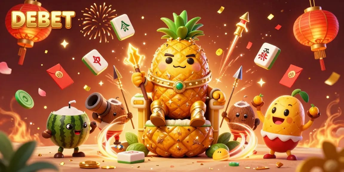 Engage with DEBET's vibrant gaming universe featuring a golden pineapple king and festive casino elements.