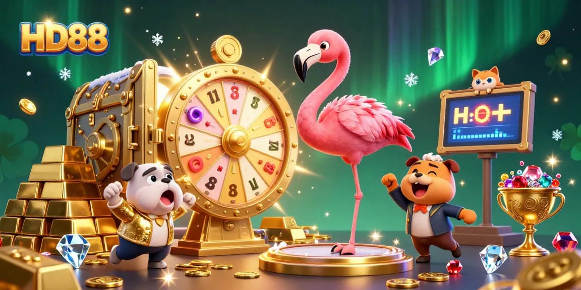 HD88 reveals excitement with a cartoon bulldog and flamingo in a dazzling casino scene.