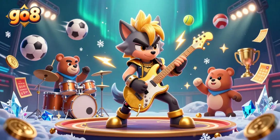 Engage in go8 casino fun with a rock star wolf shredding on a golden guitar amidst vibrant sports elements.