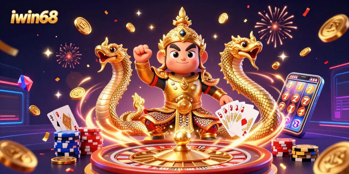 Win big with iwin68's exciting gaming experiences featuring vibrant casino elements and characters.