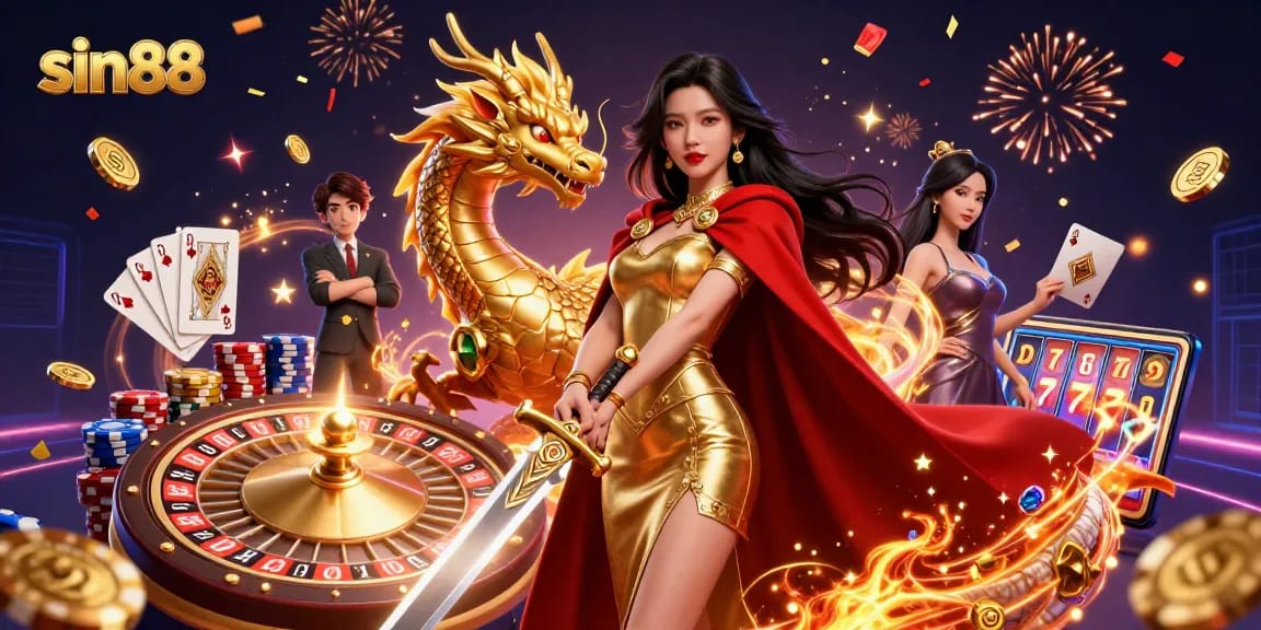 Engage in thrilling online gaming with sin88, featuring a warrior queen amidst cascading golden coins and vibrant casino elements.