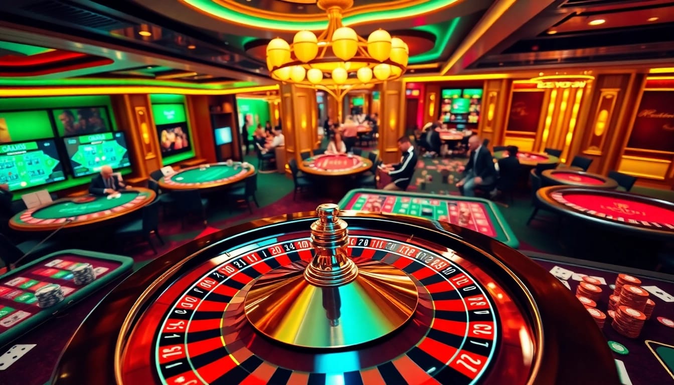 DOLA88 online casino environment showcasing vibrant gaming tables and a thrilling roulette wheel.