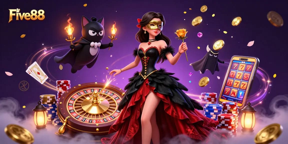 Win big with Five88 - stunning casino illustration featuring colorful game elements and a captivating scene.