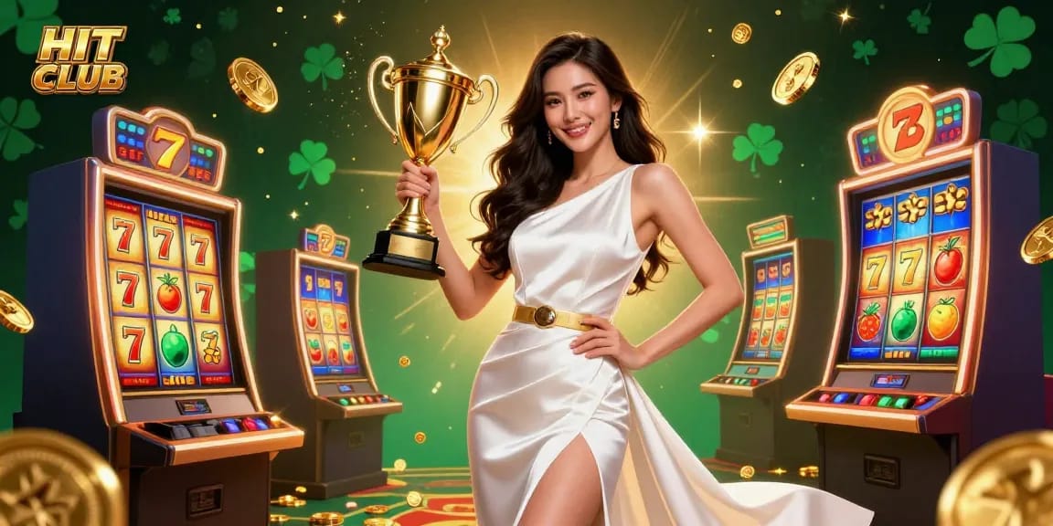 Experience the thrill of HIT CLUB casino with a stunning victorious woman holding a trophy and engaging gaming elements.