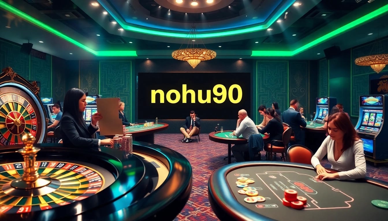 Experience the thrill of nohu90 with glowing slot machines and poker tables in a luxurious casino setting.