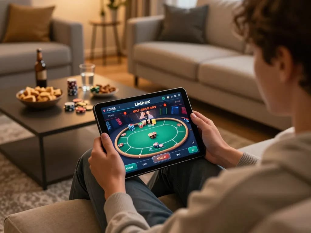 Engaged player exploring Link mới Five88 on a tablet in a cozy gaming setup.