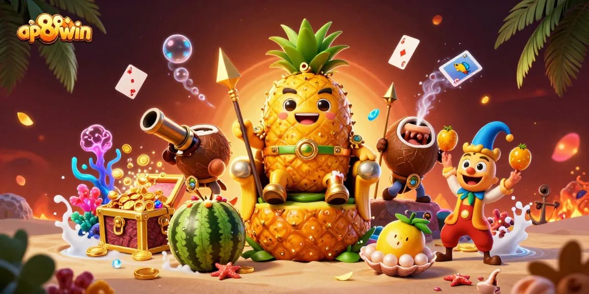 Engage with the app 98win in a vibrant casino scene featuring a golden pineapple king and lively elements.