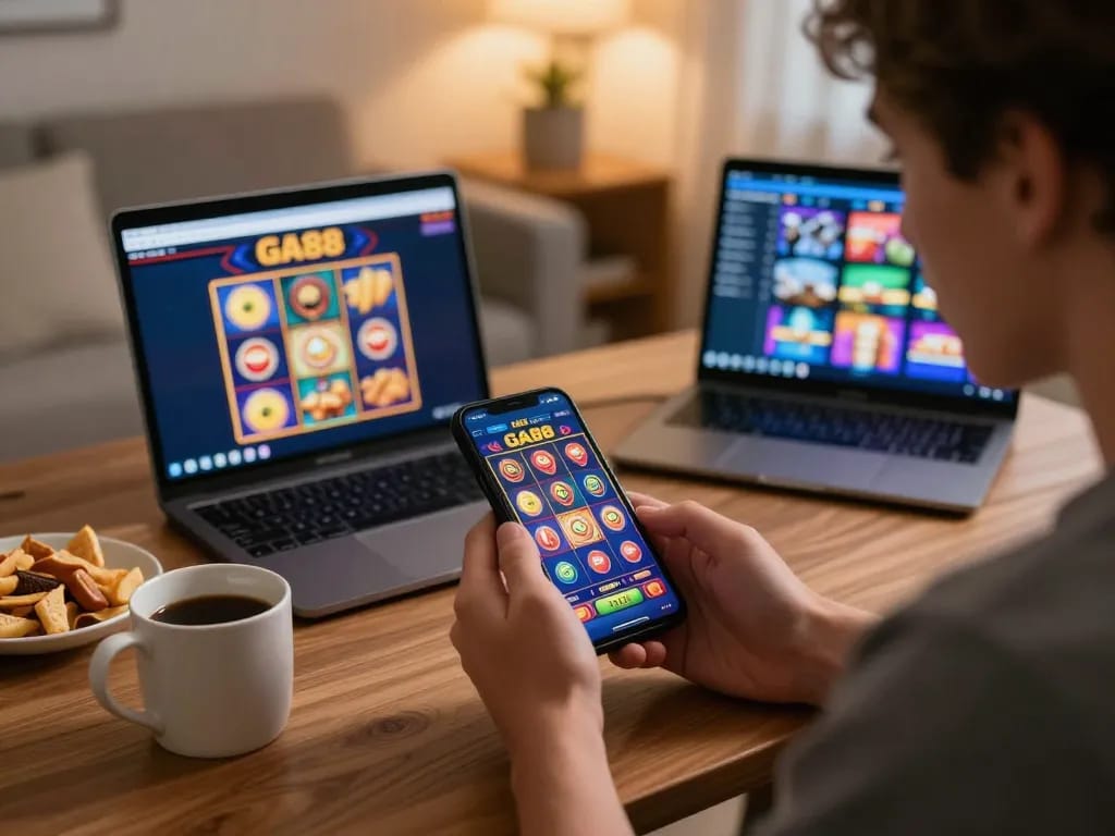 Player enjoying GA88 slot machine game on smartphone in cozy home setting, emphasizing relaxed mobile gambling.