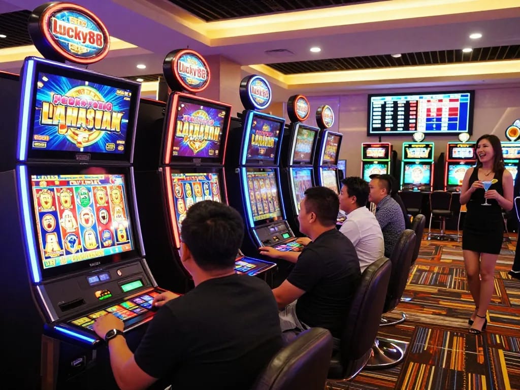 Lucky88 slot machine with players celebrating a jackpot win in a vibrant casino atmosphere, bright lights and excitement surrounding.