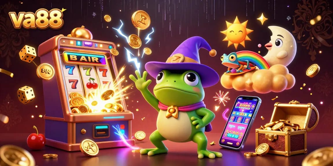 Experience the excitement of va88, featuring dynamic casino elements and a whimsical 3D wizard frog.