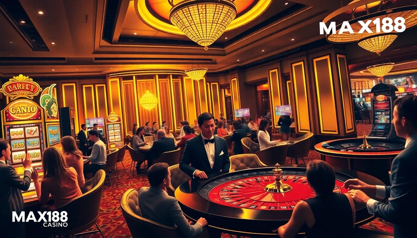 MAX88 casino scene showcasing vibrant slot machines and an elegant roulette table with players engaged in thrilling gaming.