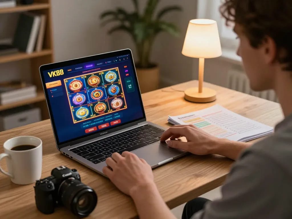 Players enjoying the VK88 casino games on tablets with vibrant graphics in a cozy home setup.