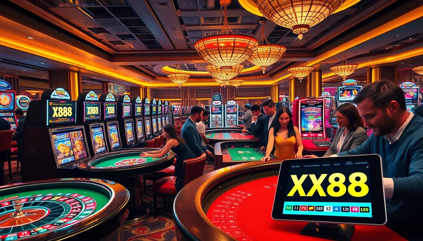 X88.COM showcases an exciting casino atmosphere with elegant tables, vibrant slot machines, and eager players.