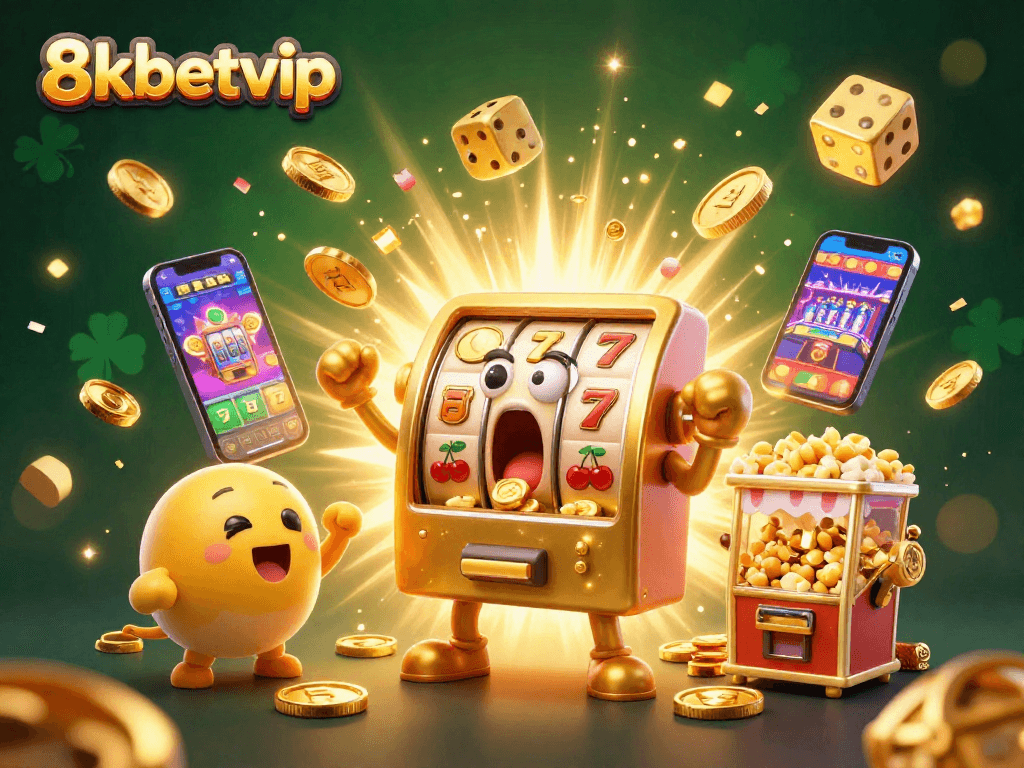 Win big with 8kbetvip as the golden slot machine celebrates its jackpot amidst a burst of festive casino elements.