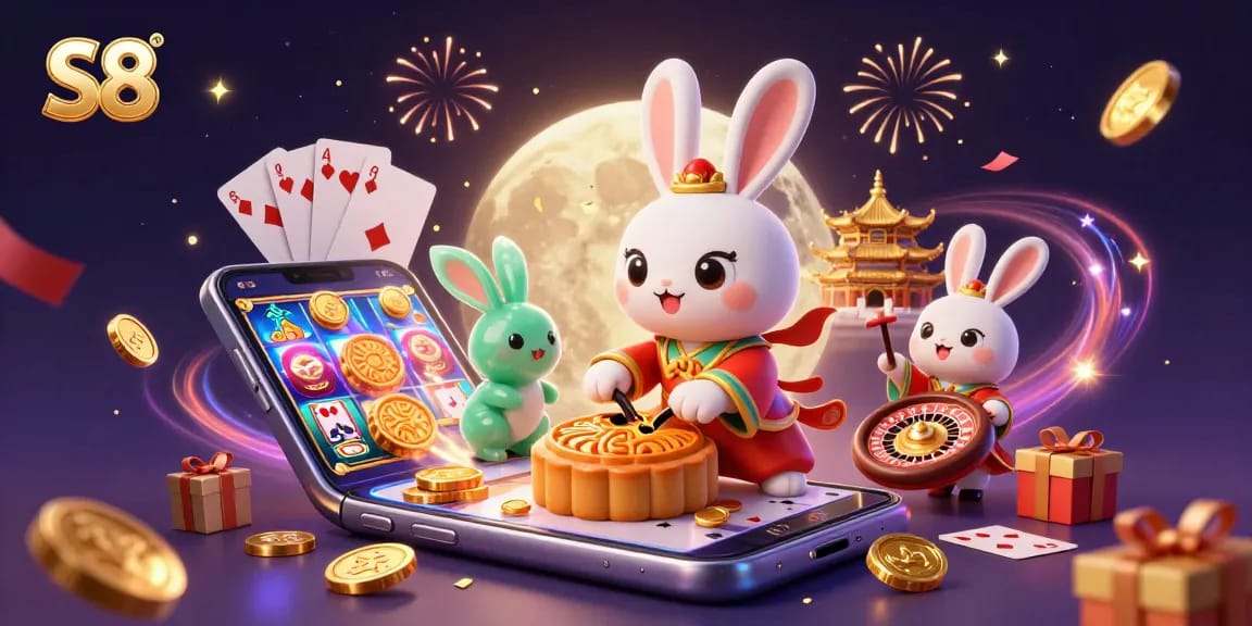 S8 Casino: Win with a 3D lunar celebration featuring golden mooncakes and poker chips.