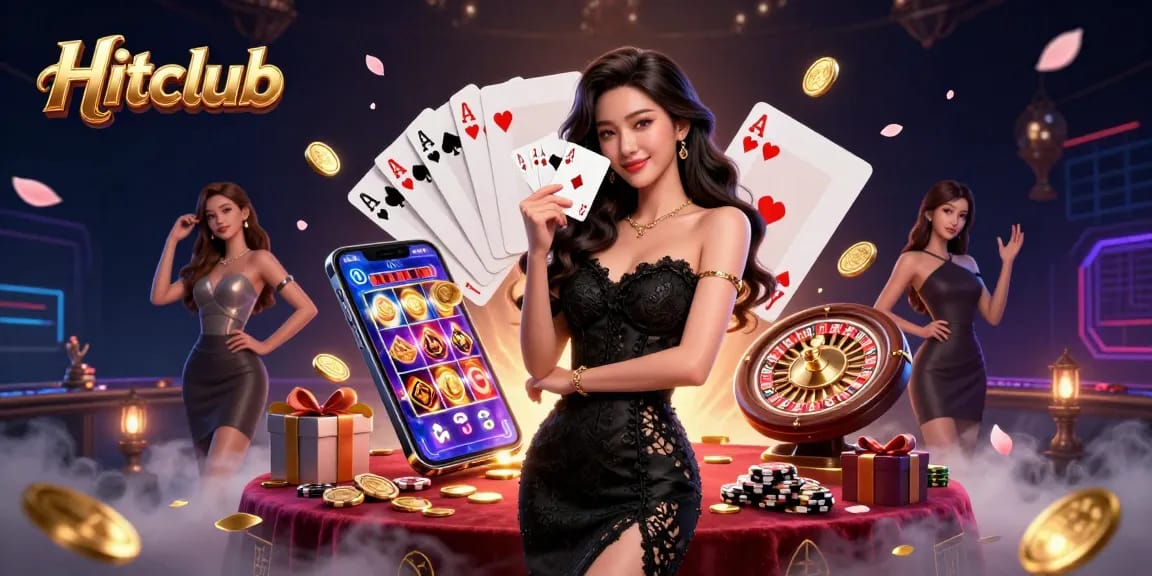 Hitclub presents an elegant Asian woman showcasing ace cards among vibrant casino elements, creating a thrilling atmosphere.