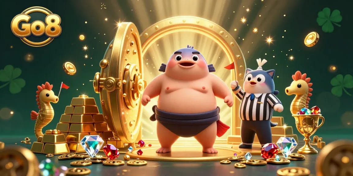 Experience big wins at Go8 with a vibrant underwater casino scene featuring lucky symbols and treasures.