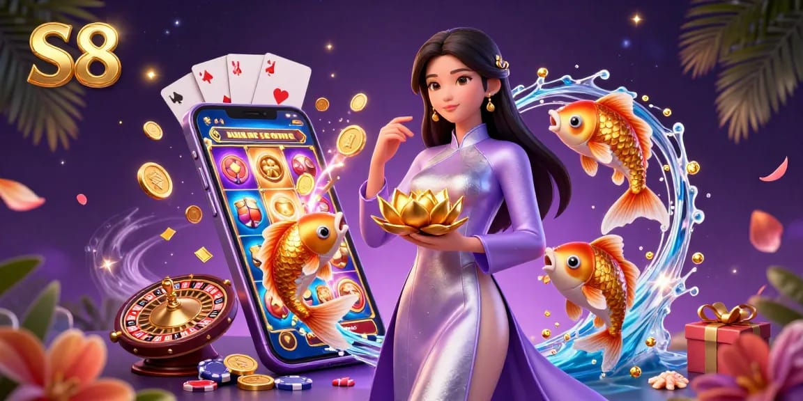 S8 elevates the gaming experience with 3D scenes featuring elegant Asian imagery and dynamic casino elements.