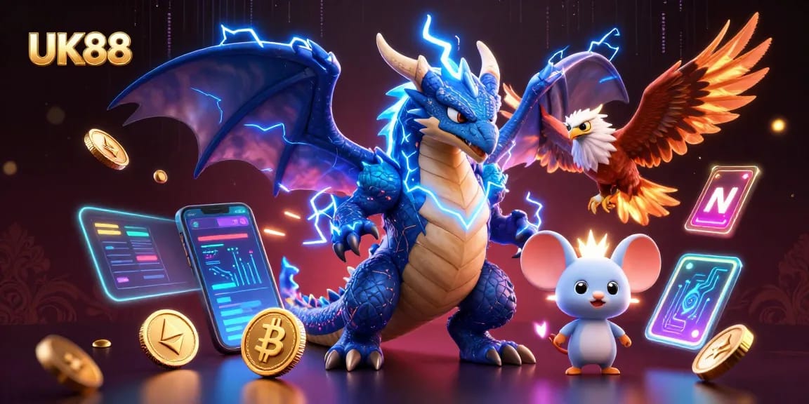 Engage with UK88's thrilling gaming experience featuring a thunder dragon and high-energy elements.
