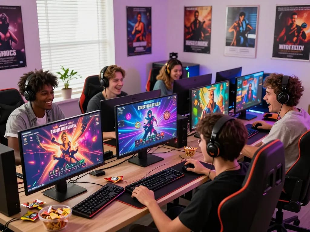Exciting gaming setup featuring friends playing free porn games in a cozy room.