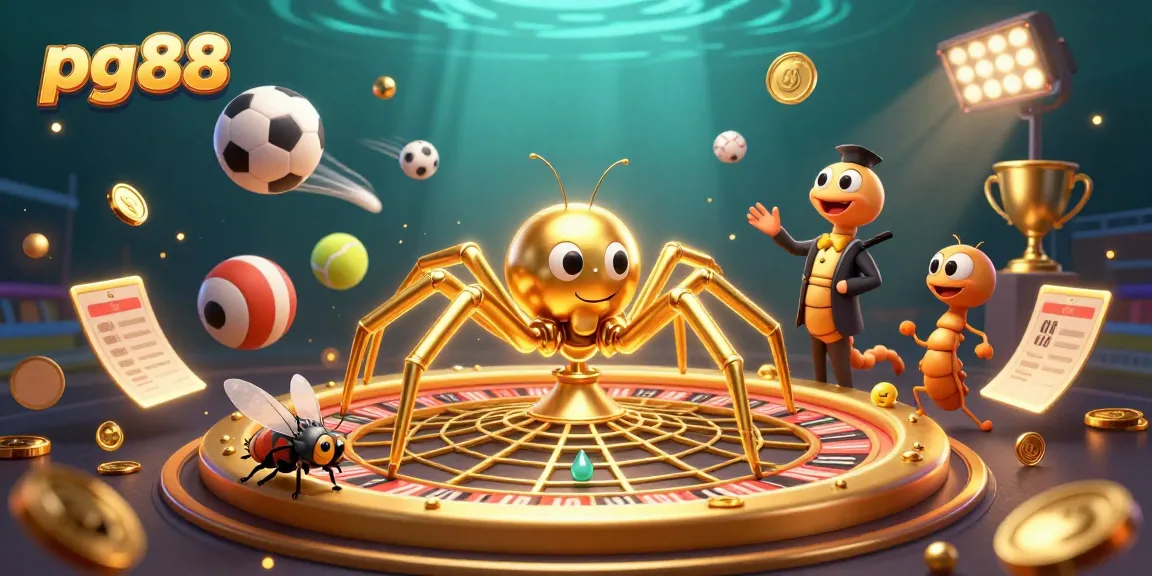 Engage with pg88 as the golden spider spins a roulette-themed web while sports betting elements fly around.