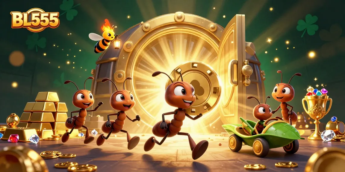 Experience thrilling gameplay at BL555 as cartoon ants steal a giant poker chip in a vibrant casino heist scene.