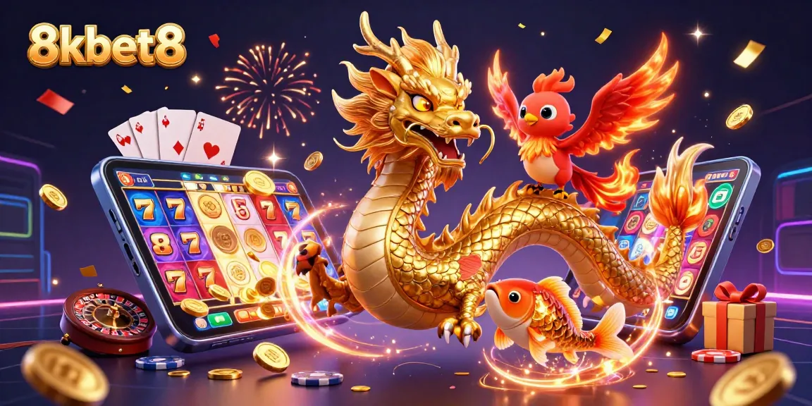 Engage with 8kbet8's vibrant casino scene featuring a golden dragon, phoenix, and coins.