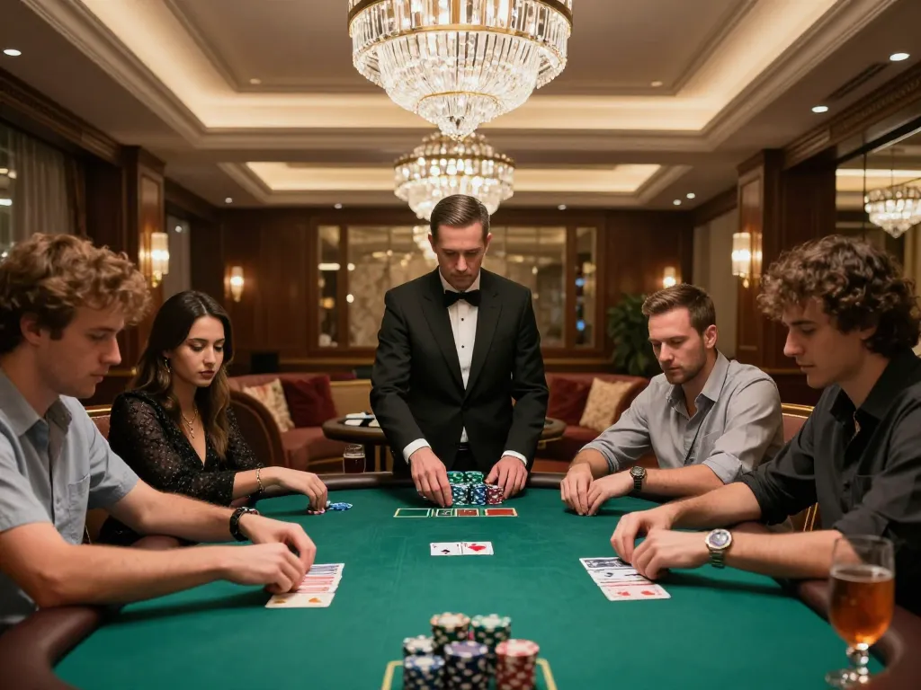DH88 poker players strategizing their hands at a luxurious casino table.