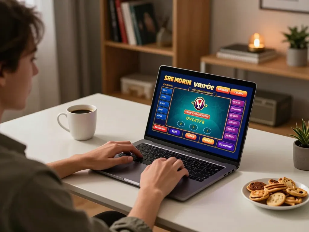 Engaging in online poker gameplay on a laptop, showcasing okfunb gaming experience in a cozy home setting.