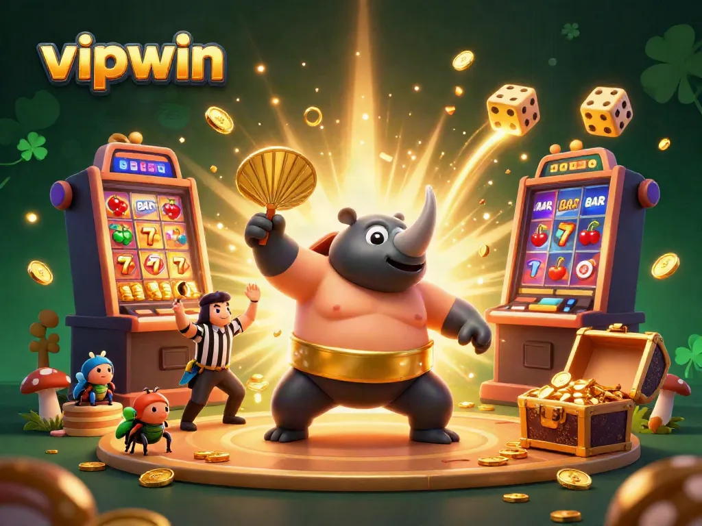 Experience exciting gameplay with vipwin as a sumo beetle stomps golden coins in this vibrant casino scene.