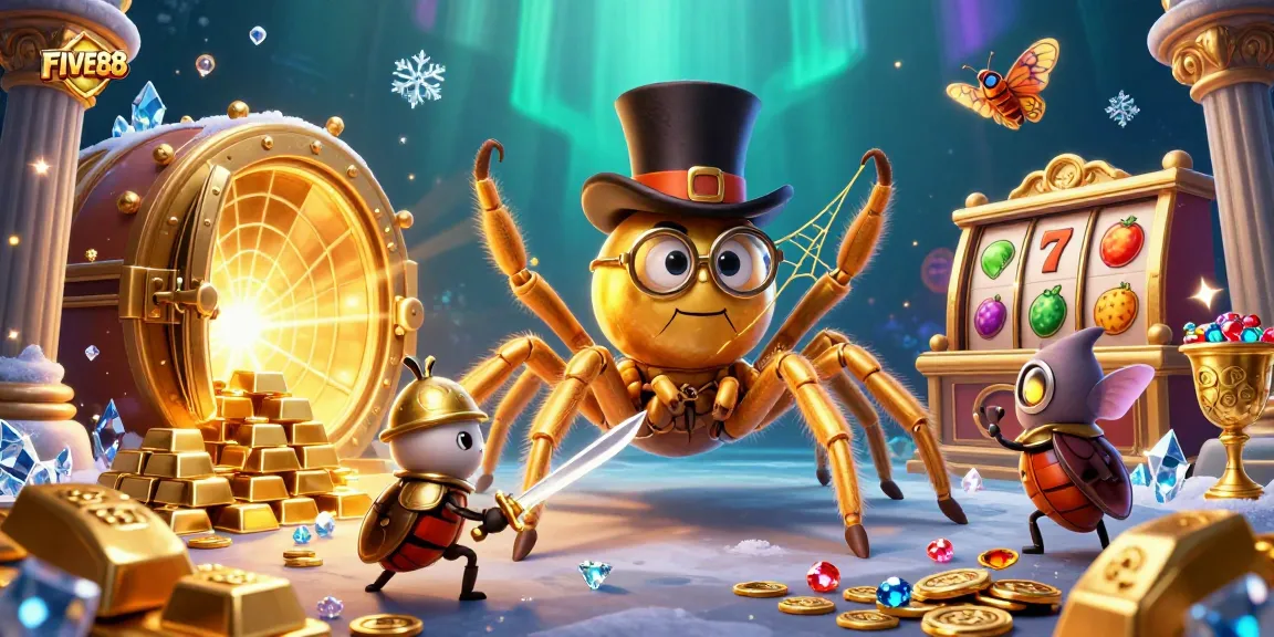 Join the excitement at FIVE88, where a golden tarantula spins a web of fortune in a vibrant casino scene.