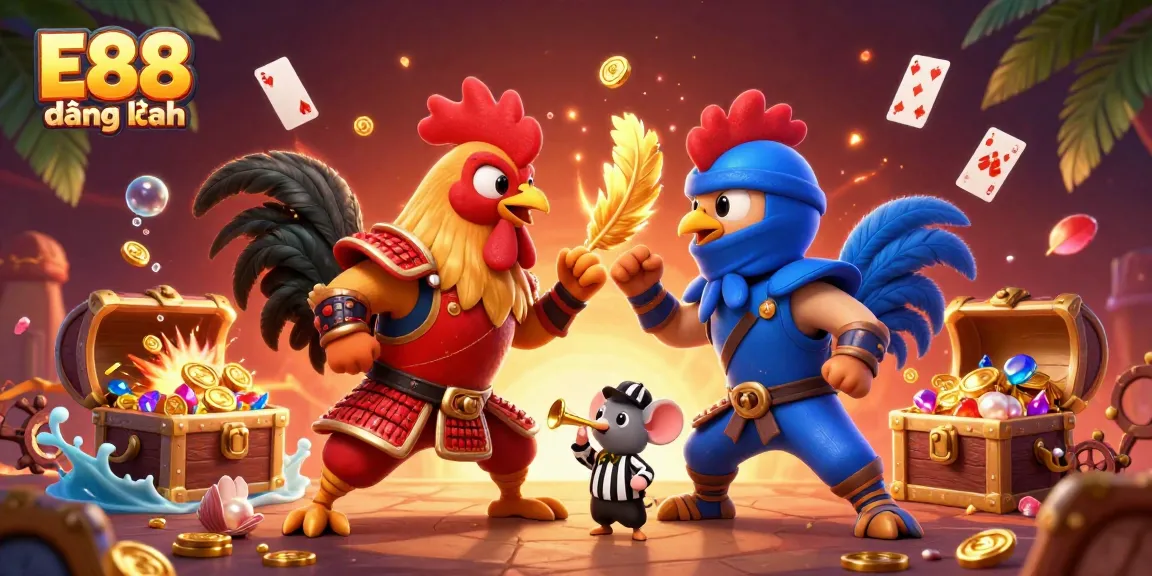 E88 đăng nhập action featuring dynamic roosters amidst vibrant casino elements in a stunning 3D illustration.