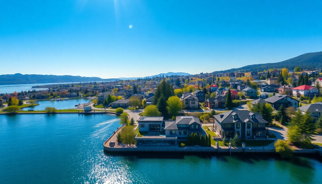Kelowna real estate scene showcasing vibrant waterfront properties and lush parks.