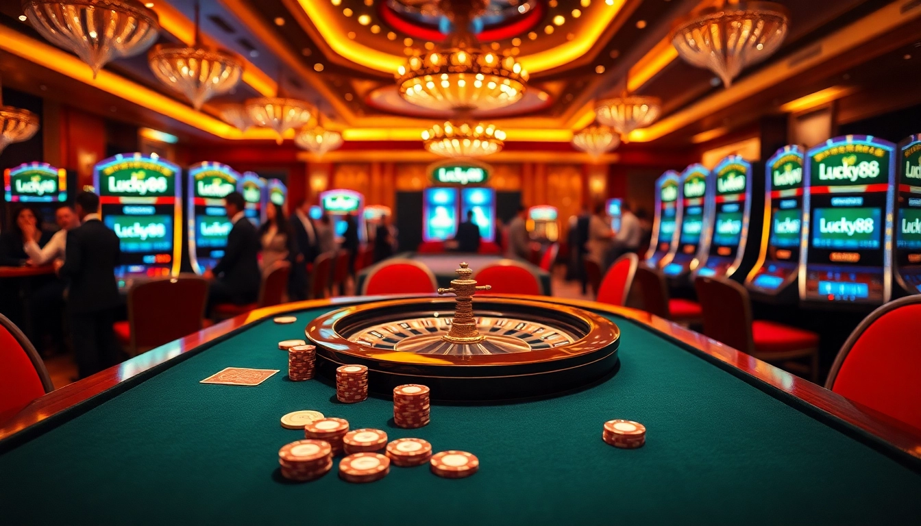 Engage in thrilling gameplay at Lucky88's upscale casino, showcasing poker and roulette.